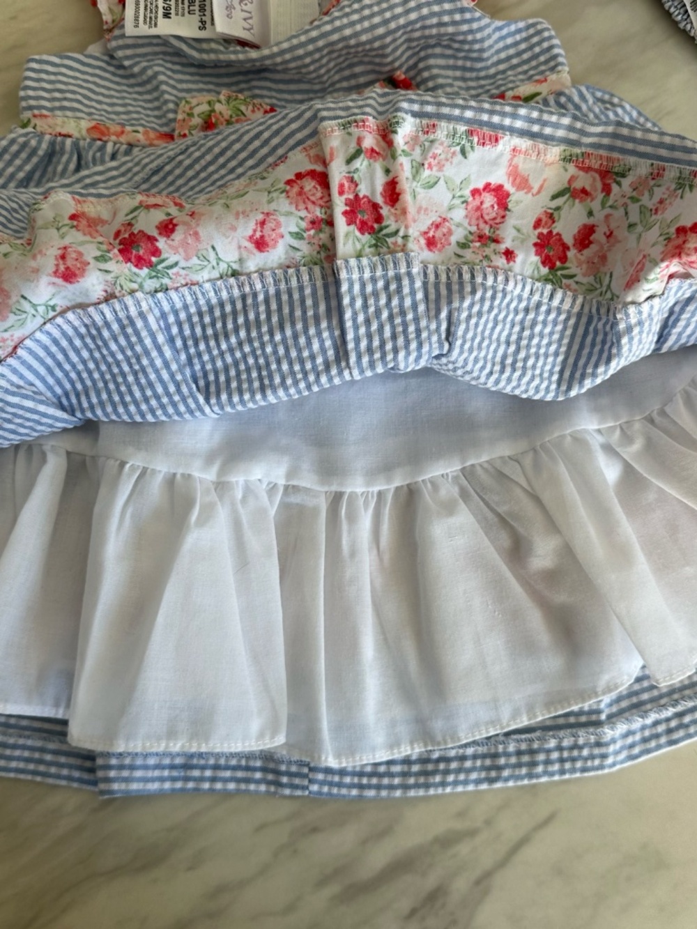 Iris & Ivy Blue Seersucker Red Floral Dress Headband & Bloomers Set 6-9M - Picture 6 of 13